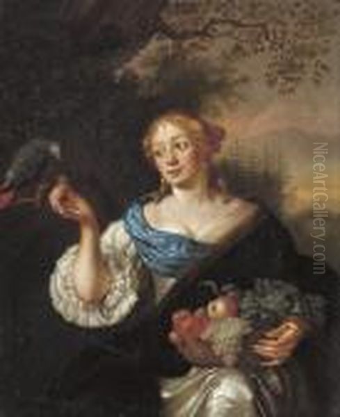 Portrait Of A Lady,
Three-quarter-length, In A White Dress With Ablue Sash, Holding A Basket
Of Fruit, Feeding A Parrot, In Alandscape - view 1