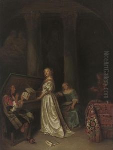 Elegant Company Making Music In An Interior by Caspar Netscher