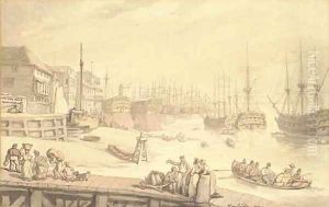 The West India Docks, Blackwall, with warships lying on the stocks