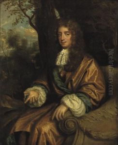 Portrait Of A Gentleman, 
Three-quarter-length, In An Orange And Blue Costume With White Cuffs And
 A Lace Jabot, Seated In A Sculpted Chair, A Landscape Beyond