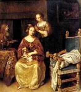 Pair Of Works Breakfast Time Lady Dressing by Caspar Netscher