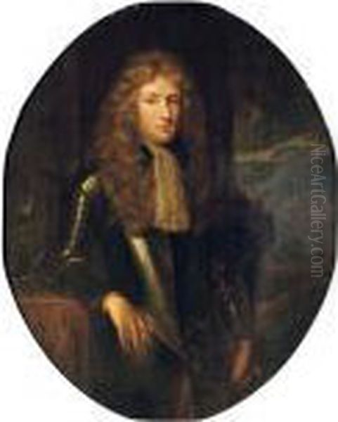 Portrait Of A Gentleman,
Three-quarter-length, In Armour And A Lace Jabot, Leaning On A Stone
Ledge, A Landscape Beyond, In A Painted Oval - view 1