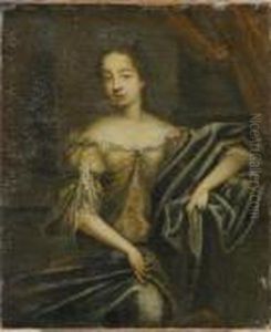 Portrait Of A Lady In An Embroidered Silk Dress by Caspar Netscher