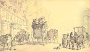 Figures outside a coaching inn by Thomas Rowlandson