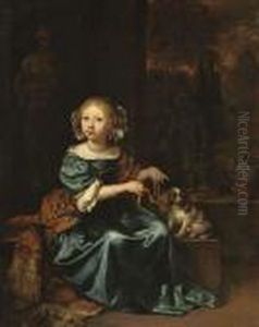 Portrait Of A Girl In A Blue 
Dress And Red Shawl With A Spaniel Inan Interior On A Terrace