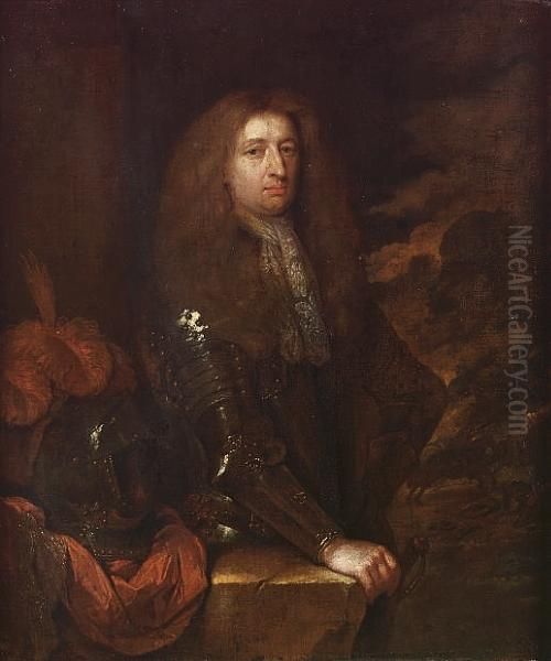 Portrait Of An Officer, Small 
Three-quarter-length, In Armour And A Lace Jabot, His Hand Resting On A 
Partially Draped Stone Plinth With A Plumed Helmet, A View To A Battle 
Beyond - view 1