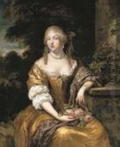 Portrait Of A Lady, Three-quarter-length, In A Gold Satin Gown,seated In A Garden