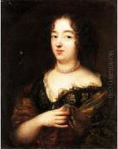 Portrait Of A Lady, Half Length, Wearing A Green And Gold Dress by Caspar Netscher