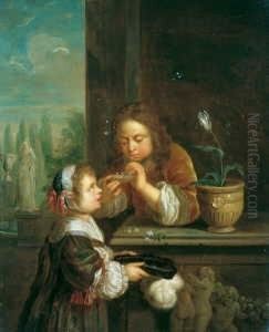 Knabe Und Madchen Mit Seifenblasen Spielend. by Caspar Netscher