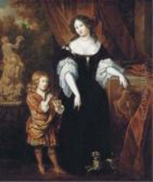 Portrait Of A Lady In A Black Dress, With A Boy By A Fountain - view 1