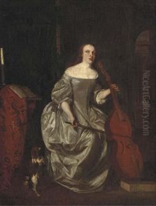 A Lady Playing A Cello In An Interior With A Dog At Her Side