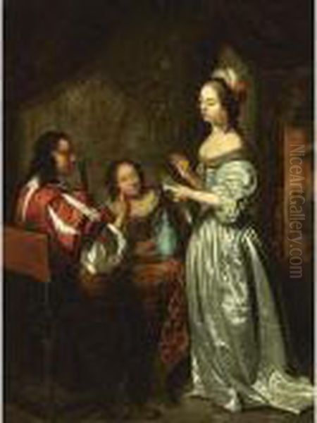 An Interior Scene With An
Elegant Lady Reading A Letter, A Man Playing The Lute And A Woman
Listening At The Table by Caspar Netscher
