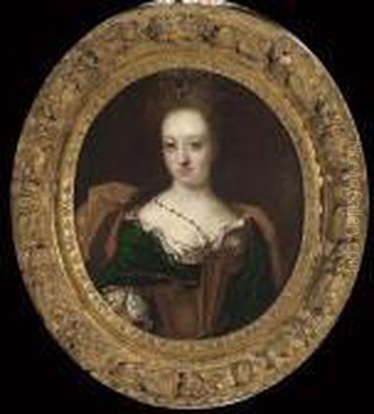 A Portrait Of Marquise Von
Hoensbroech-von Schillard, Bust Length, Wearing A Green And Red Dress
With A Lace Collar And Lace Sleeves And A Light-pink Cloak - view 1