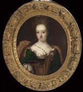 A Portrait Of Marquise Von 
Hoensbroech-von Schillard, Bust Length, Wearing A Green And Red Dress 
With A Lace Collar And Lace Sleeves And A Light-pink Cloak by Caspar Netscher