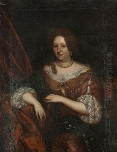 Portrait Of A Lady, 
Three-quarter-length, In A Brown Dress With Lace Edging And A Pearl 
Necklace by Caspar Netscher