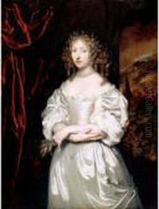 Portrait Of Suzanna Huygens,
Standing Three-quarter Length In White Satin, An Evening Landscape
Beyond by Caspar Netscher