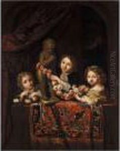 Three Children Playing With Garlands by Caspar Netscher