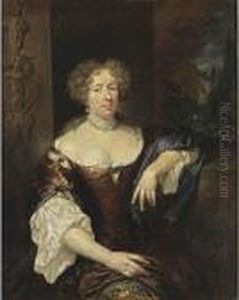 A Portrait Of A Lady, Seated 
Three-quarter Length, Wearing A Red Dress With Blue Sleeves And A 
Gilt-embroidered Underskirt, A White Chemise, Pearl Jewellery, A Blue 
Shawl Draped On Her Left Arm, In A Park Setting by Caspar Netscher