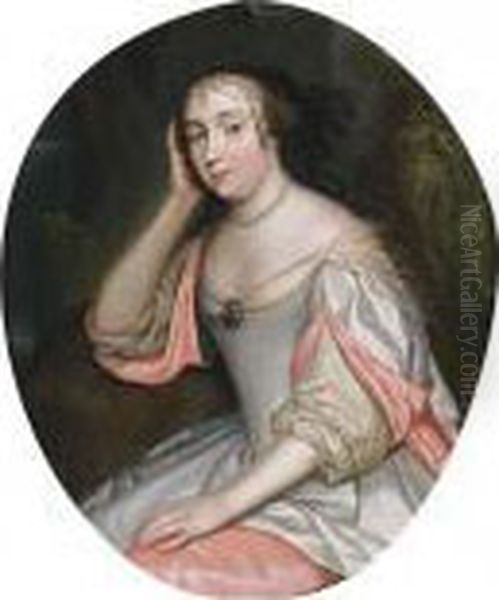 A Portrait Of A Lady, Seated
Three-quarter Length, Wearing A Pink And White Satin Dress And Pearl
Jewellery, In A Park Setting - view 1