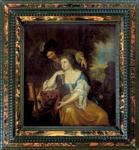 Para Z Pieskiem Przy Stole by Caspar Netscher