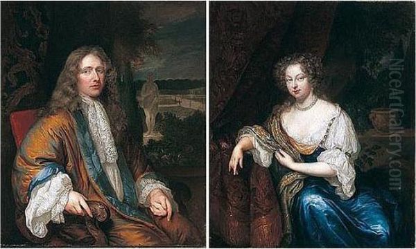 Portrait Of A Gentleman, 
Three-quarter Length, Seated, Wearing An Ochre, Blue Lined Cloak, With A
 View Of Formal Gardens Beyond - view 1
