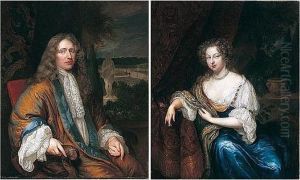 Portrait Of A Gentleman, 
Three-quarter Length, Seated, Wearing An Ochre, Blue Lined Cloak, With A
 View Of Formal Gardens Beyond