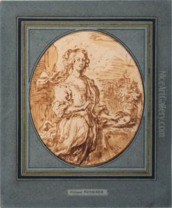 Portrait Of A Woman On A Terrace Holding A Mask by Caspar Netscher