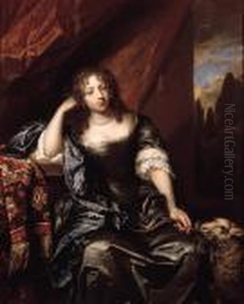 Portrait Of A Lady, Seated Small
Three Quarter Length On A Drapedbalcony, Wearing A Grey Silk Dress With
Lace Chemise, Blue Wrap Andpearl Necklace, Holding A Branch In Her Left
Hand, Her Head Restingon Her Right Arm, Sheep Nearby - view 1