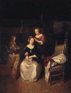 A Lady Seated In An Interior With A Spaniel On Her Lap, A Servanttending Her Hair by Caspar Netscher