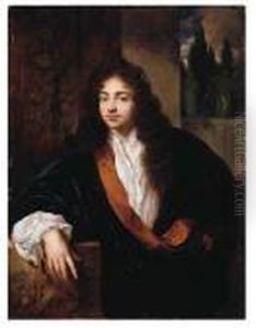 Portrait Of A Gentleman, 
Standing Small Half Length On A Balcony,wearing An Orange-lined Blue 
Silk Dressing-gown With Lace Chemiseand Wig, His Right Arm Leaning On A 
Sculpted Pedestal, A Classicalgarden Beyond