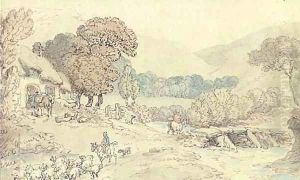 A river landscape with a drover with sheep in the foreground; possibly Cornwall by Thomas Rowlandson