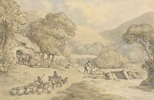 A shepherd with his flock before a cottage, beside a river - view 1