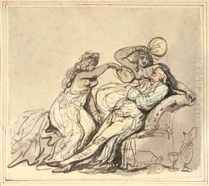 Deux femmes agitant des eventails devant un homme assis sur un fauteuil by Thomas Rowlandson