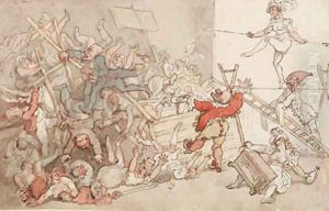 Dr. Syntax involved in the collapse of the theatrical booth by Thomas Rowlandson