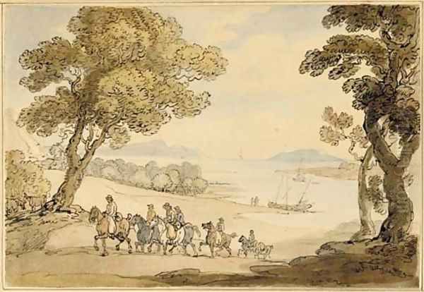 Riders ascending a hill above an estuary - view 1