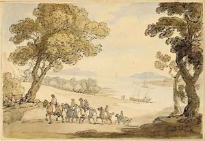 Riders ascending a hill above an estuary by Thomas Rowlandson