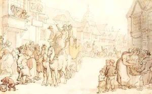 A coach and horses arriving at the Dolphin Inn by Thomas Rowlandson