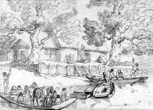 A river scene with horses and figures on a ferry by Thomas Rowlandson