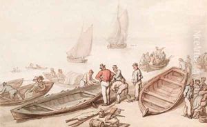 A scene with boats including sailors and other figures by Thomas Rowlandson