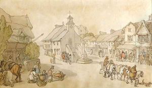A street scene with figures and horses by Thomas Rowlandson
