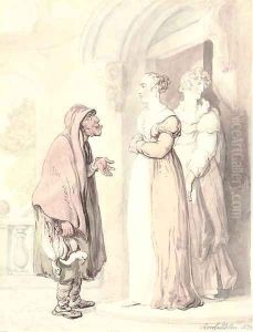 An old woman with two girls at a doorway by Thomas Rowlandson
