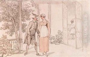 Dr. Syntax with a young maid on a terrace by Thomas Rowlandson