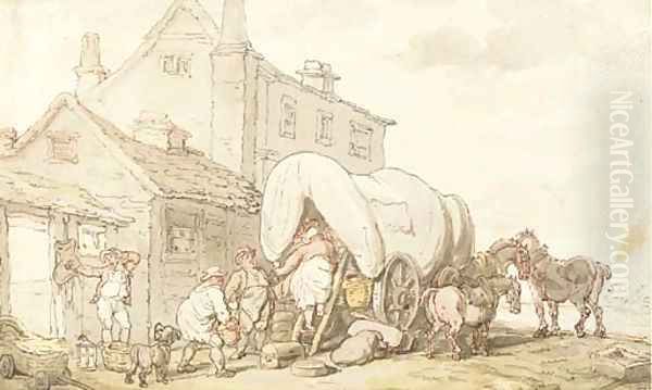 Ladies of easy virtue mounting a wagon outside an inn - view 1