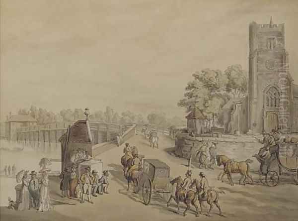 Bustling activity before St. Mary's Church with Putney Bridge beyond - view 1