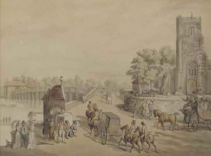 Bustling activity before St. Mary's Church with Putney Bridge beyond by Thomas Rowlandson