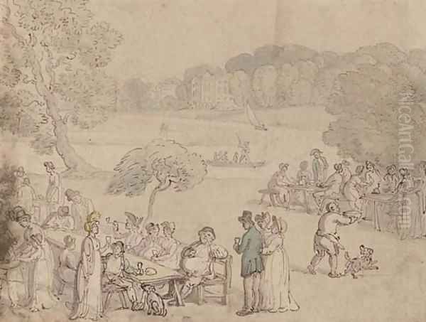 Figures picnicking by the Thames at Twickenham - view 1