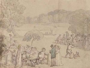 Figures picnicking by the Thames at Twickenham by Thomas Rowlandson