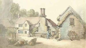 View of Cottage and barnyard by Thomas Rowlandson