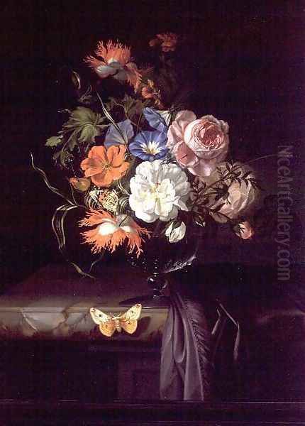 A Still Life of Flowers in a vase on a ledge by Rachel Ruysch