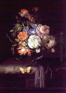 A Still Life of Flowers in a vase on a ledge by Rachel Ruysch